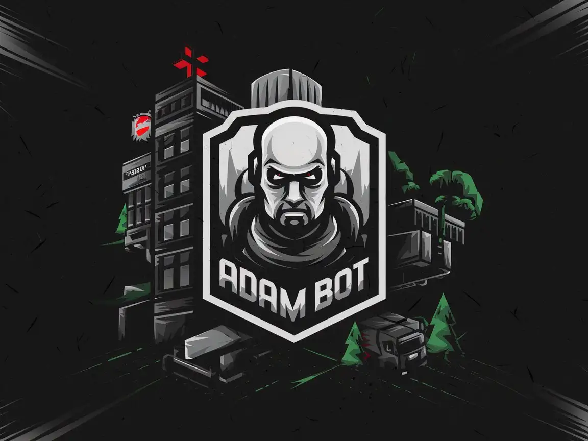 Logotype ADAM BOT dark background in dark colors with numerous details reminiscent of PUBG