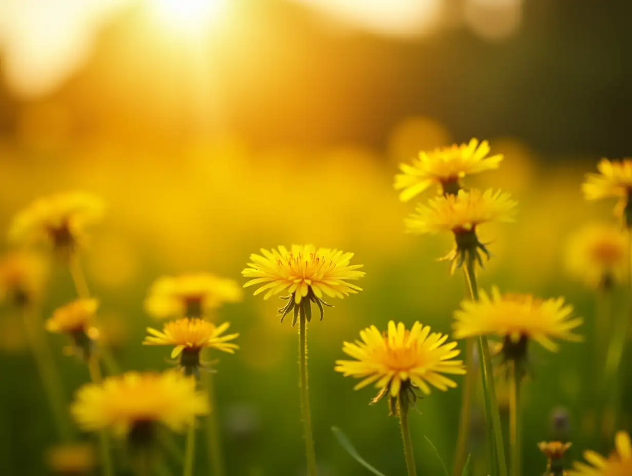 Many yellow dandelion flowers on meadow in nature in summer close-up macro in rays of sunlight at sunset sunrise. Bright summer landscape panorama, colorful artistic image, ultra wide banner format.