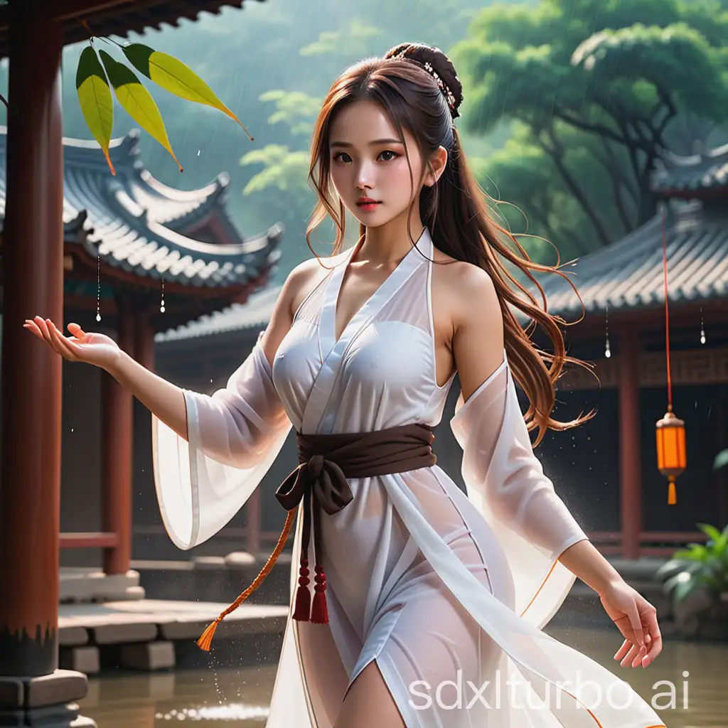 A Rasiyan brown lipistic ancient girl practicing Taoist magic, wearing a white dress, with a pure and hot and raining temperament