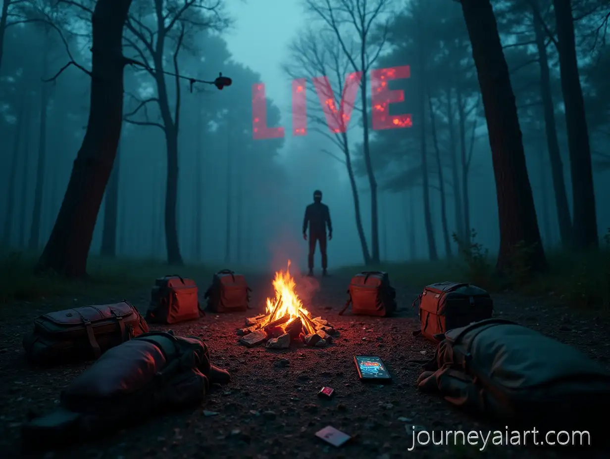 Cinematic-HorrorCinematic-horror-forest-scene-Scene-in-an-Eastern-European-Forest-with-Glitching-Live-Stream-and-Masked-Hunter