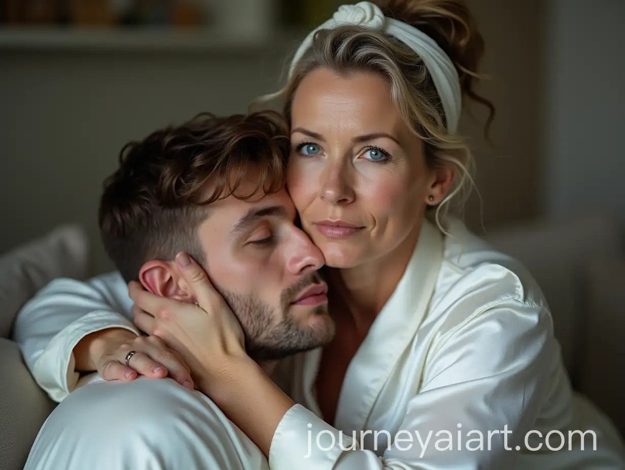 Mature-Woman-with-Headscarf-and-Young-Man-in-White-Silk-Robe-Remote-Perspective