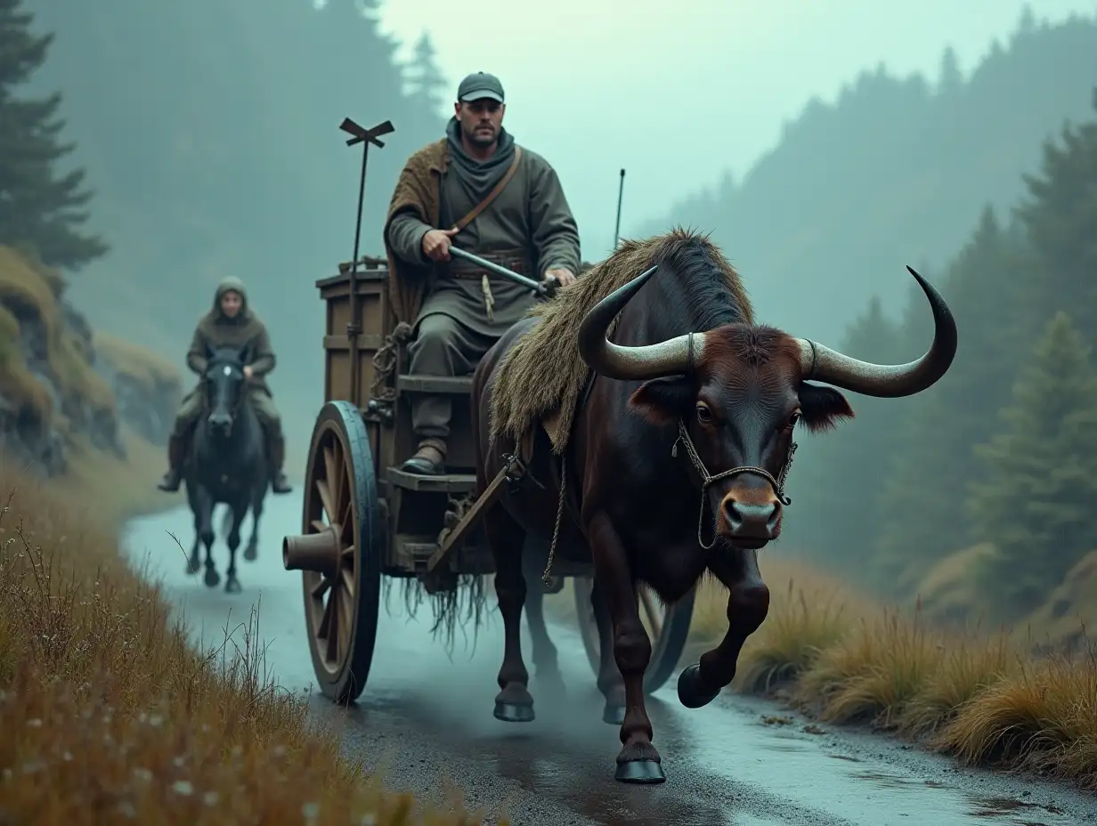 realism,midpunk, fantasy world, middle ages, 13th century, rainy weather, goes along a dangerous mountain road on two tall solid wood wheels, cart-kibiitka, pulls it a big unstoppable running bull. close-up, handles the carriage is an athletic armed horseman in a cap - middle aged. with him, frightened girl in a hijab and rags from expensive fabric, medieval watchtower . Behind them chase riders . aesthetically, muted lighting