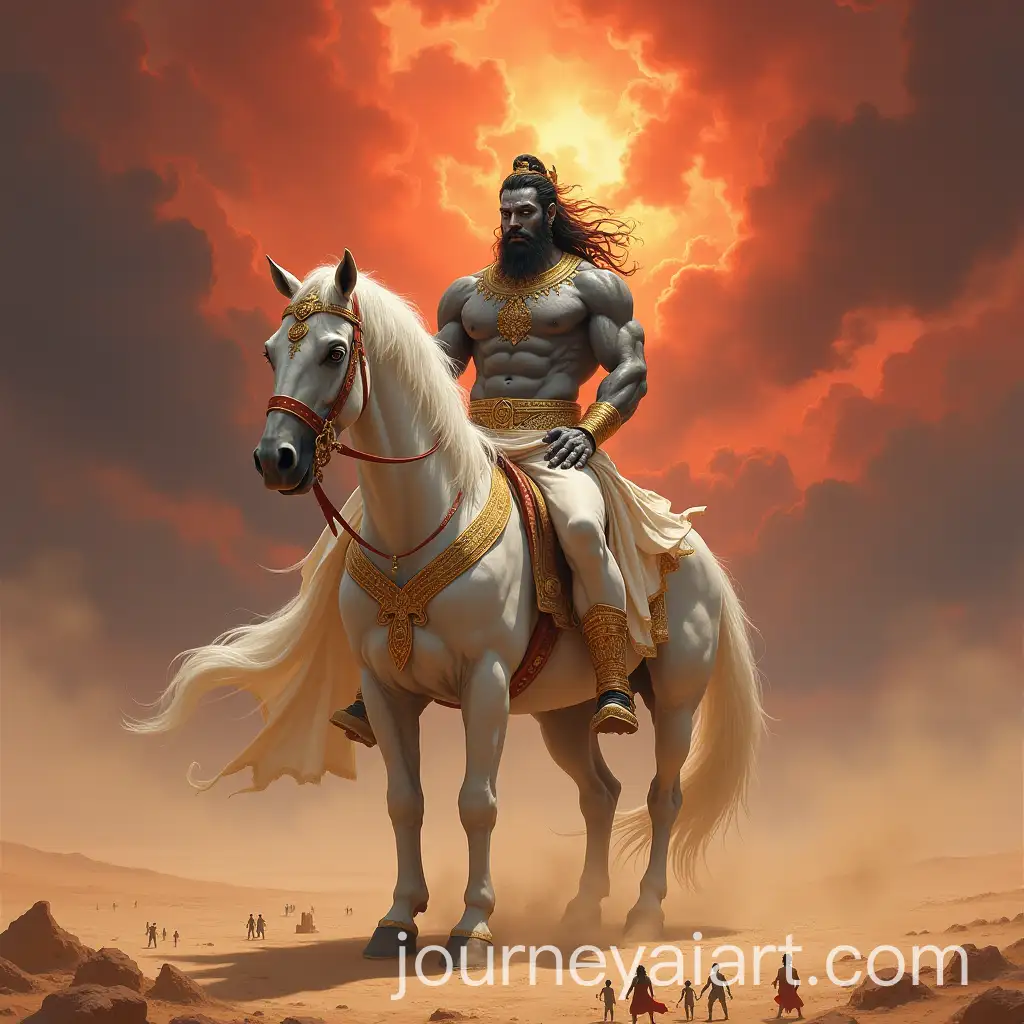 Lord-Kalki-on-White-Horse-in-Fiery-Desert-with-Angry-Expression