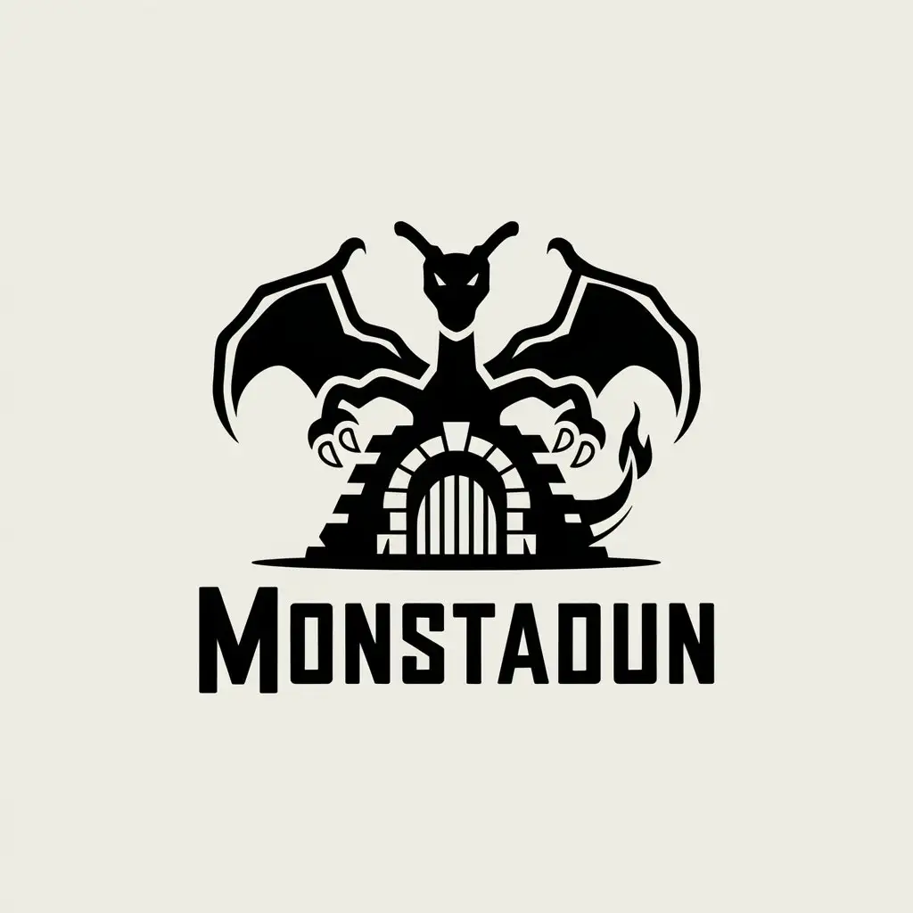 LOGO Design for Monstadun Minimalistic Charizard Behind Dungeon Entrance Icon