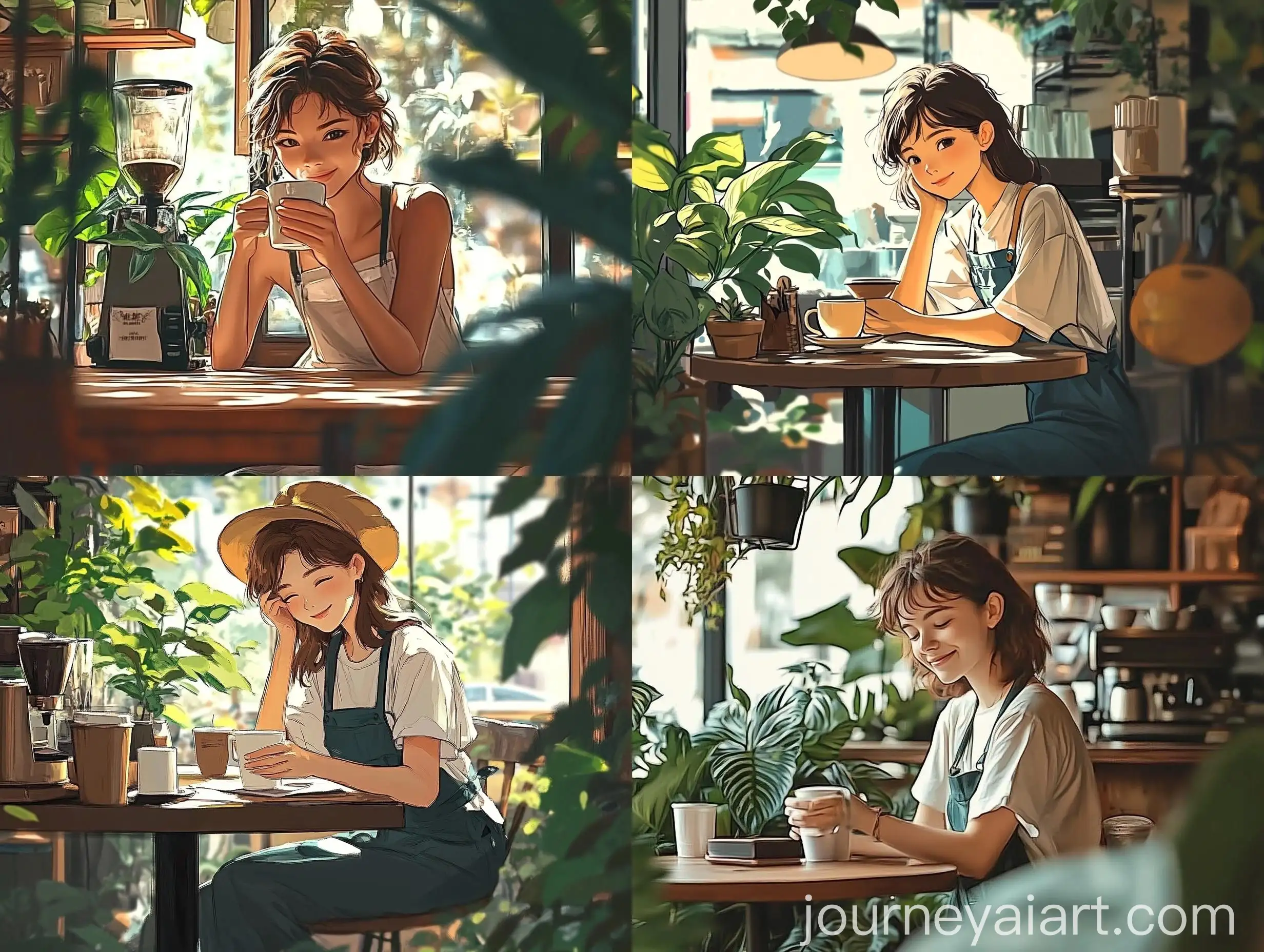 Smiling-Woman-Enjoying-Coffee-in-a-Summer-Caf-Amid-Leafy-Plants