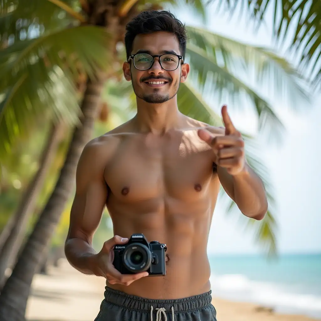 an Indonesian NGO worker guy, holding a camera in his left hand, shirtless wearing only briefs, wearing glasses, right hand pointing toward camera, background of coconut tree near beach,