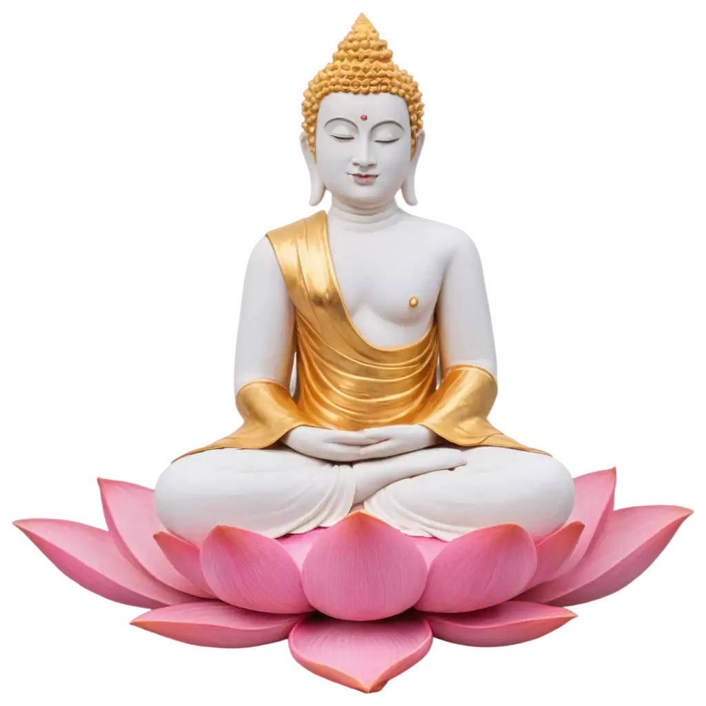 Elegant-White-and-Golden-Buddha-Statue-PNG-on-Pink-Lotus-for-Spiritual-and-Aesthetic-Use