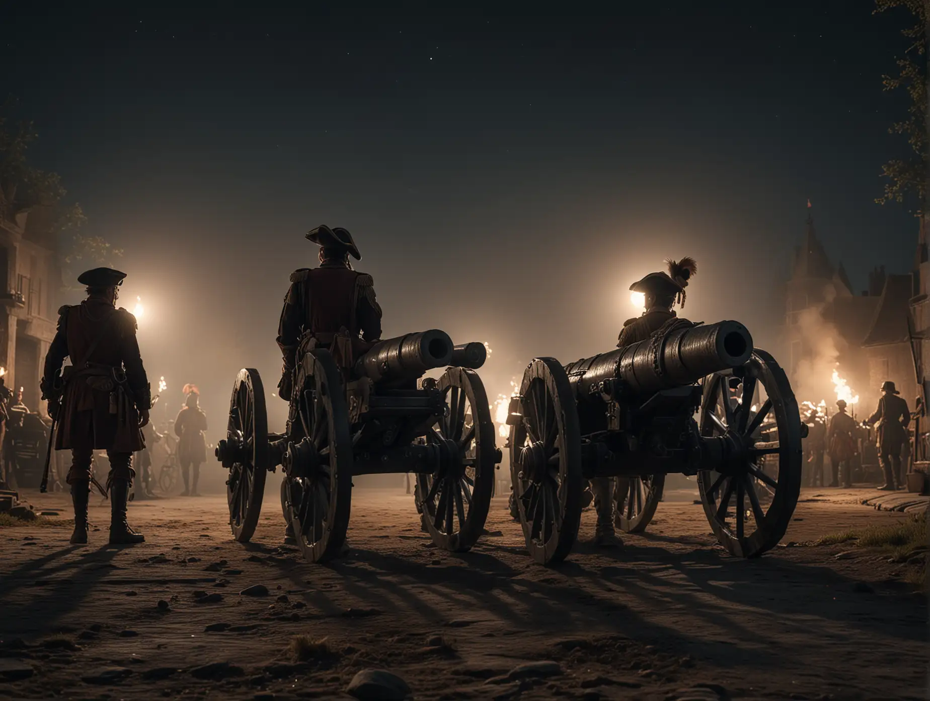 An epic and fantasy scene from 17th century featuring  two XVII century cannon side by side and two soldiers standing aside, outside at night, only moon light and torches, high-detailed, photo realistic, intricate details, back view, depth of field, fujifilm xt3, raw photo, 8k uhd, film grain