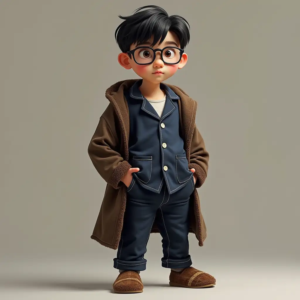 Boy, 13 years old, dark neat hair, brown eyes, white skin, thick framed glasses, tatty navy blue button pyjama top ripped open, tatty navy blue pyjama button trousers, tatty brown robe hanging open, brown tartan slippers. slightly chubby, looking timid, posh. no background.