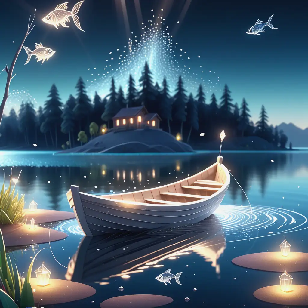 Magical Lake Scene with Shimmering Boat and Silver Fish