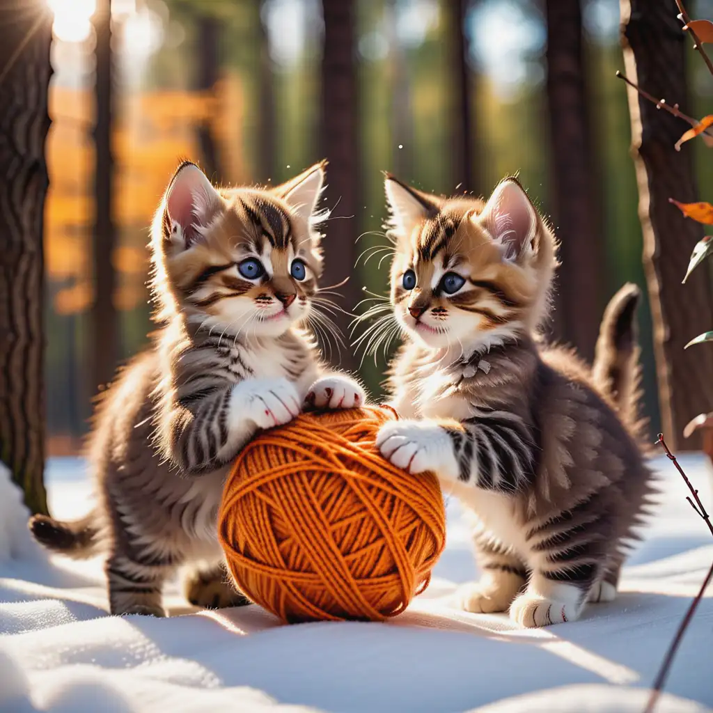 Playful Siberian Forest Kittens with Yarn Ball