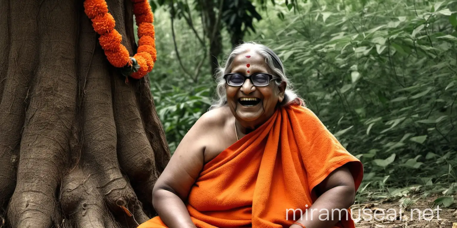 Elderly Hindu Woman Monk Laughing with Goat in Forest