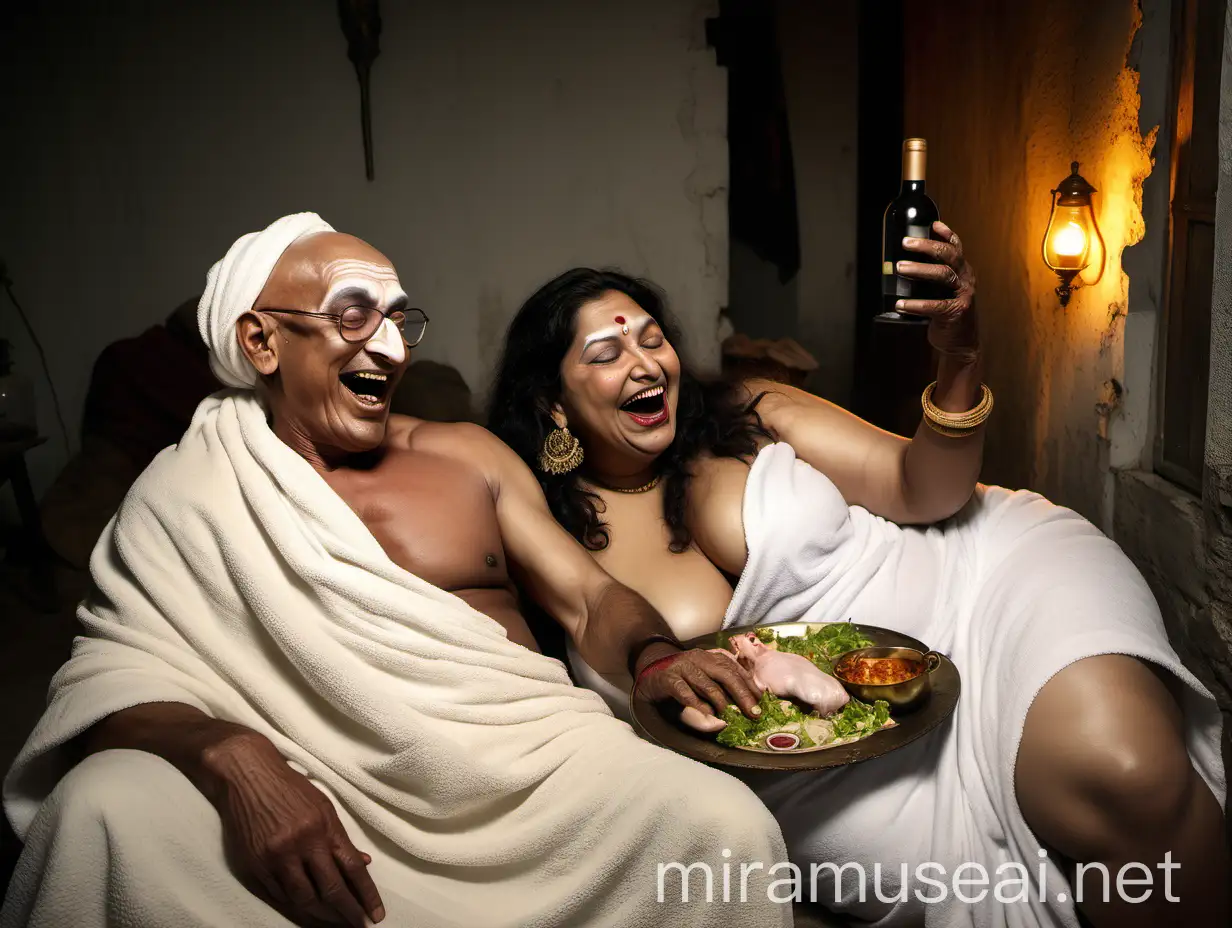 Indian Couple Sleeping with Tandoori Chicken and Dog in Old Building