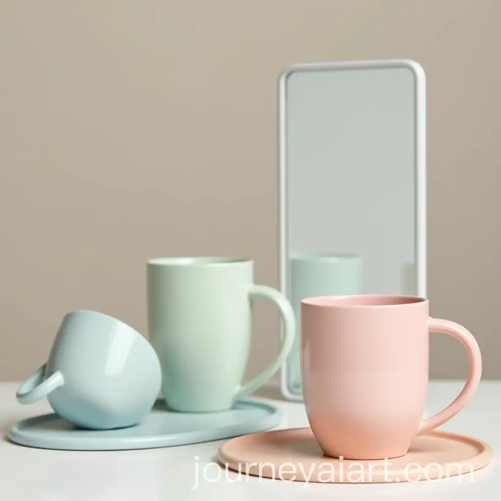 Pastel-Colored-Cups-on-a-Table-with-a-Mirror-Reflection