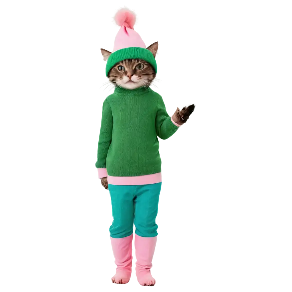 PNG-Image-Cat-Wearing-a-Green-Hat-with-Pink-Pants