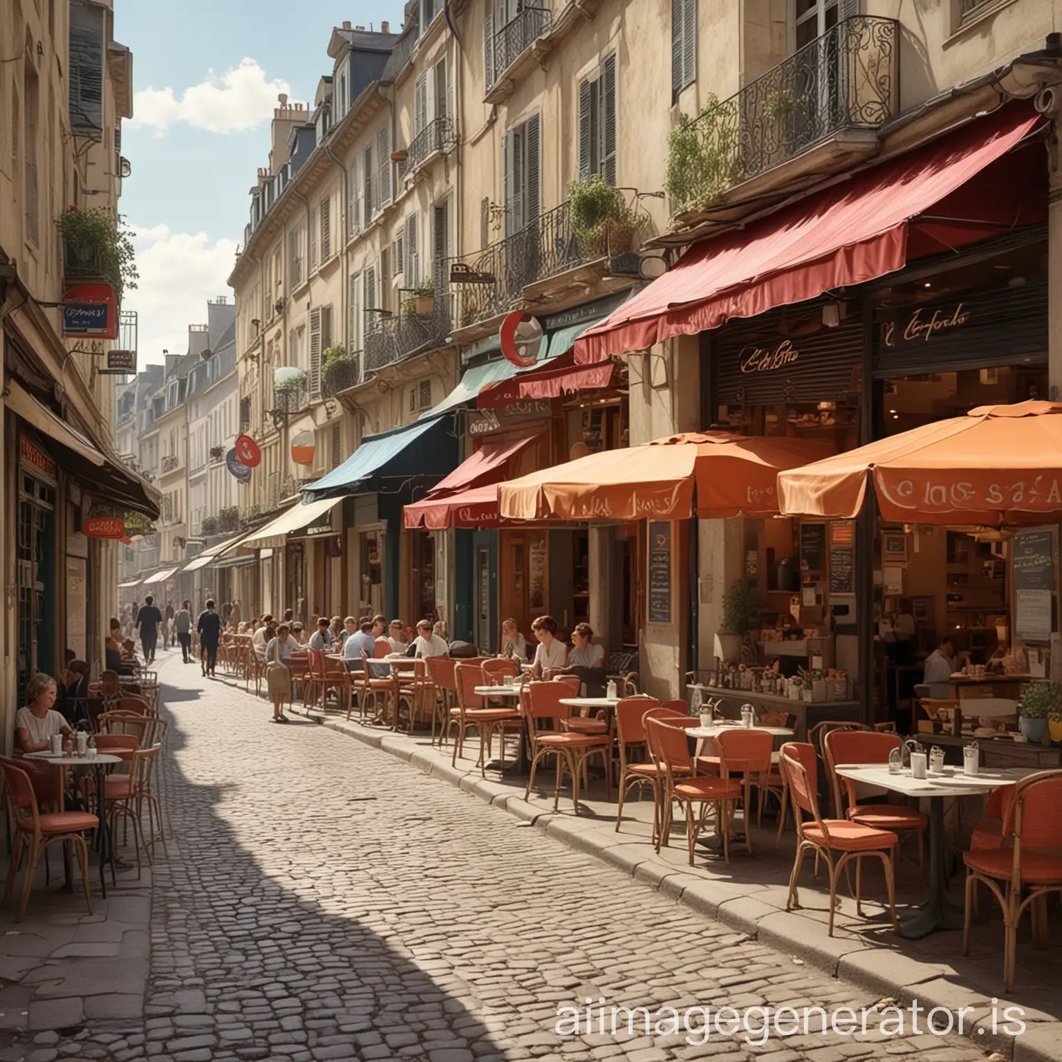 Create a color version of a street with cafes in 1950s France