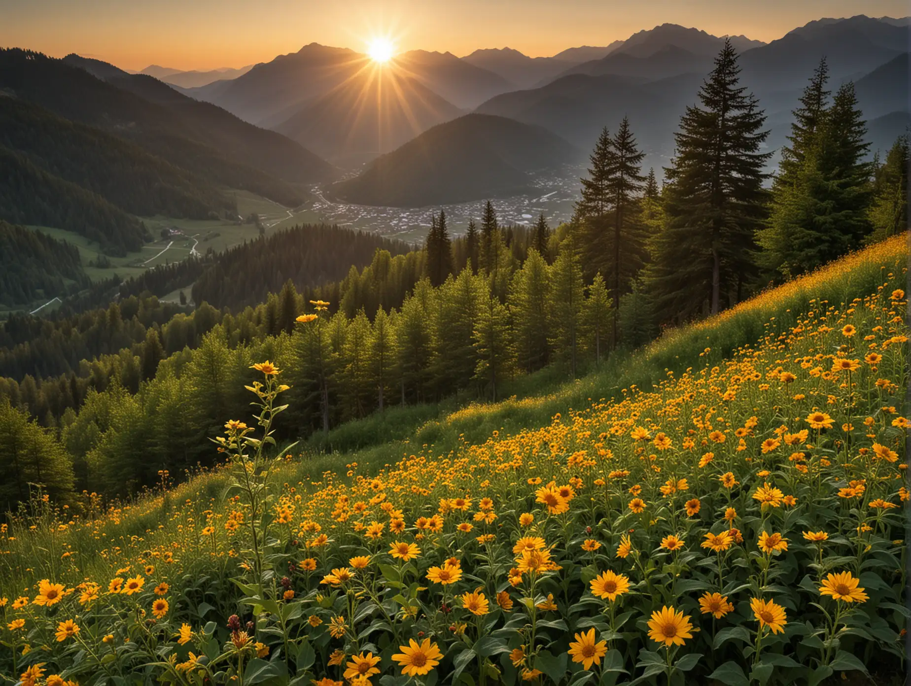 Scenic-Landscape-with-Trees-Evening-Sun-Flowers-and-Mountains