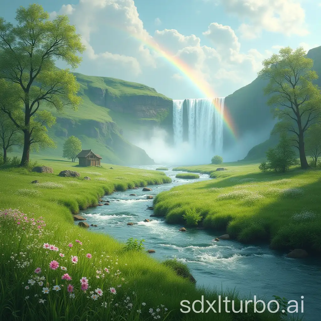 late spring, green meadow, fresh flowers, river with small islands in the background, waterfall with rainbow on its way