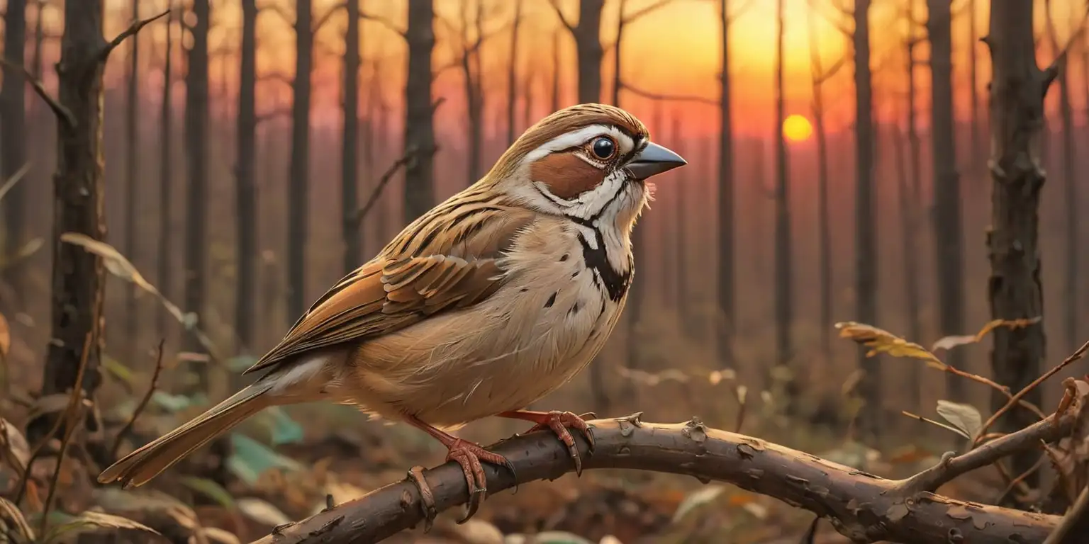 Surreal Sunset Forest with Happy Sparrow in Dali Style