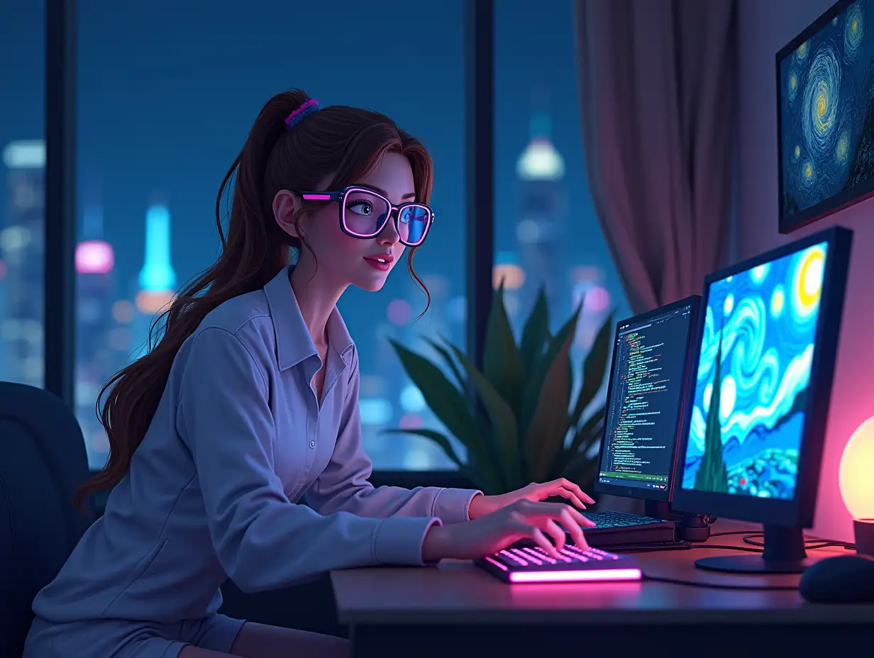 An animated futuristic and cyberpunk beautiful tech/geek girl with cool glasses and long, brown hair and tied in a ponytail. In her cyberpunk bedroom with cool lights in front of her electronic devices working on some programs and codes. The bedroom is on a skyrise building overlooking the city at night with futuristic and cyberpunk lights. To her right is a futuristic looking lamp and on the wall hangs van gohg's starry night painting. The girl is looking happy and relaxed. There is also a nice looking plant that makes her bedroom even more beautiful.