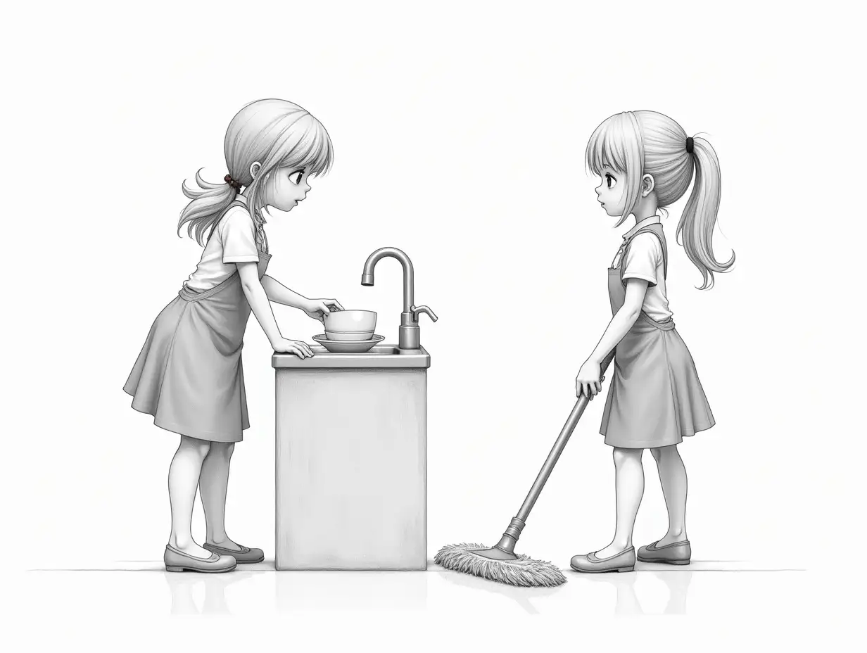 on the picture are two identical girls, adults, one washes dishes in the sink, and the second at this moment cleans the floor with a mop. 2d pencil drawing