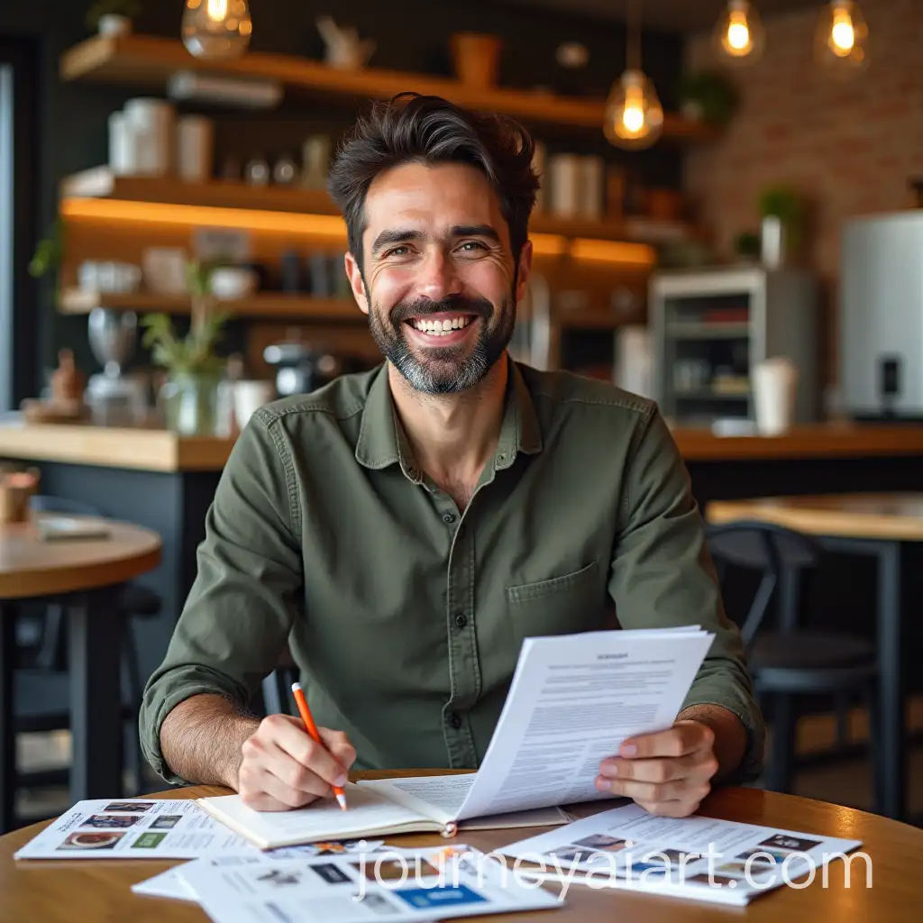 FreelAI-Image-Prompt-Expansionance-Work-Book-Cover-Featuring-Man-in-Caf-Surrounded-by-Product-Flyers