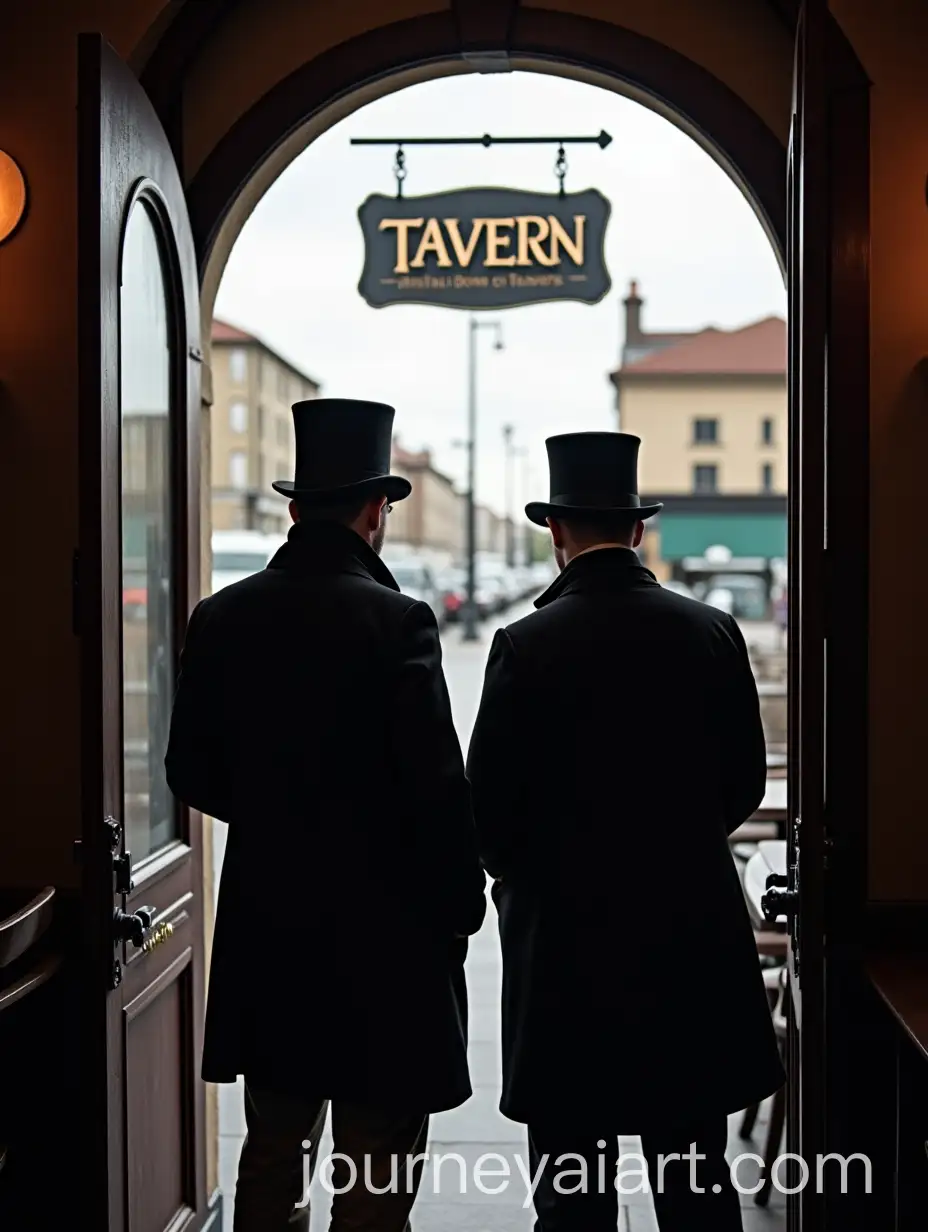 Two-Men-in-Black-Top-Hats-at-Tavern-Entrance-on-a-Cloudy-Day