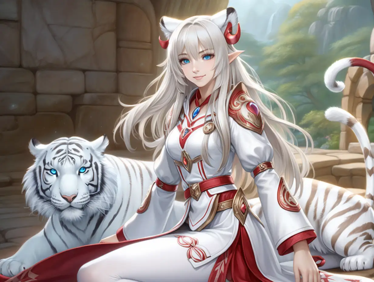 (((white mage's uniform))), ((mage woman)), ((white tiger ears)), white long hair, (only 1 woman), red freckles, (blue Glowing eyes), ((without humans ears)), ((beautiful face)), country's atmosphere, магия молнии, управление молнией, (full body), a gentle smile, ((white tights)), Painted lips