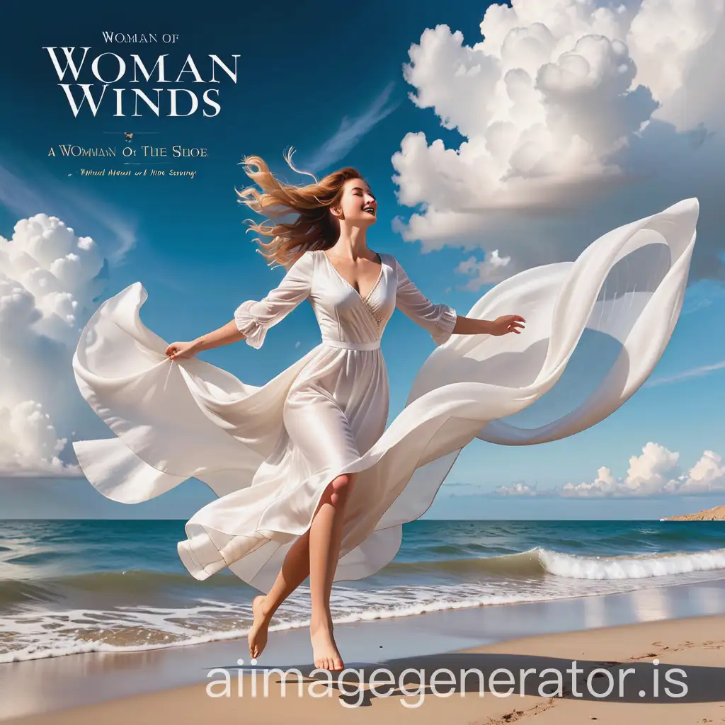 Woman-in-White-Silk-Dress-Jumping-on-Windswept-Shore-with-White-Clouds