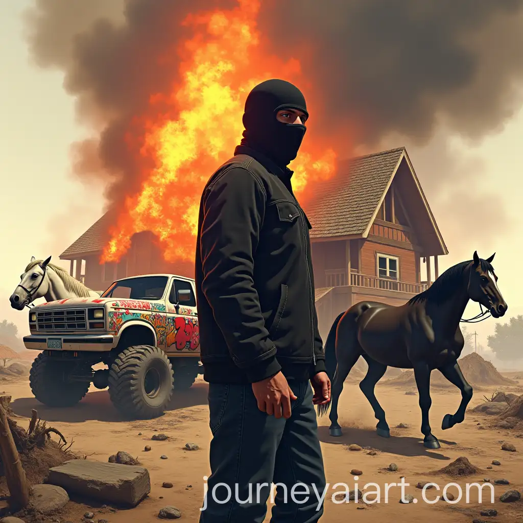 Chaos-and-Courage-A-Man-in-a-Balaclava-Amidst-a-Burning-Farmhouse