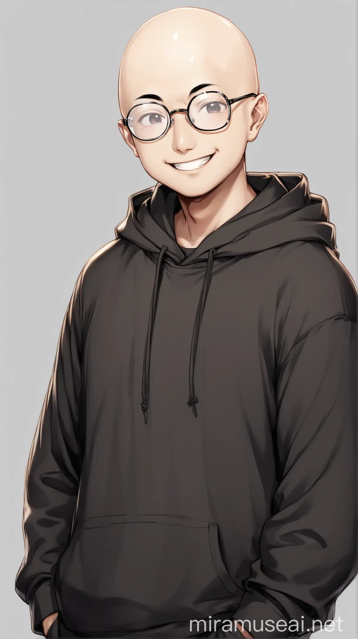 Smiling Asian Man in Black Hoodie with Square Glasses