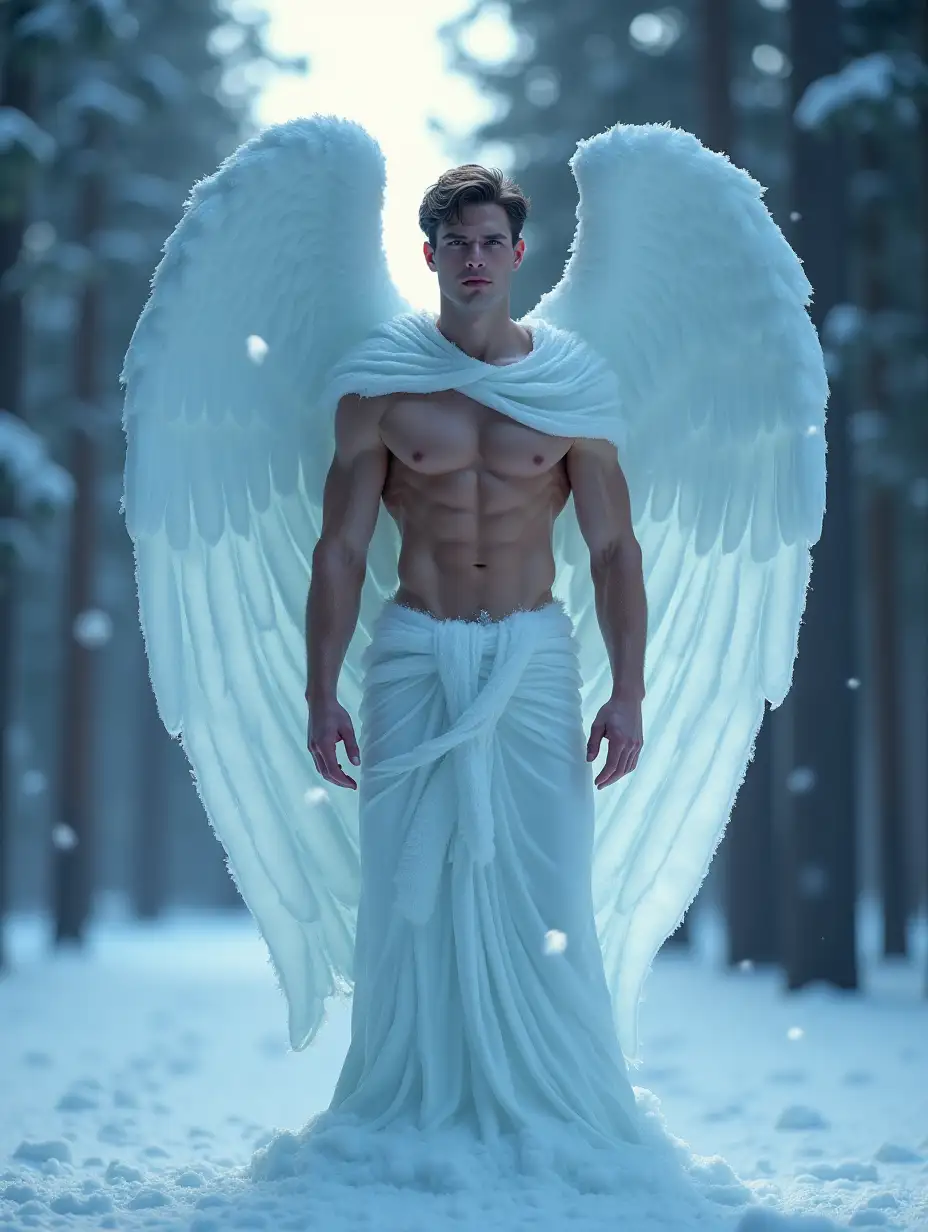 An ice statue of a handsome athletic male angel, 20-year-old, with bulging abs and pectorals, with outstretched big wings, bare chested with a cape over his shoulders, in a snowy fir forest, with unreal lighting. he scene is designed with stunning details like a realistic high-precision, high-definition, highly detailed photography.