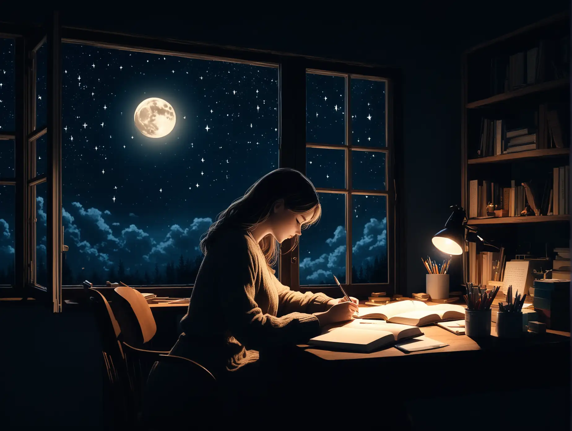 Woman-Writing-at-Night-with-Starry-Sky-Outside