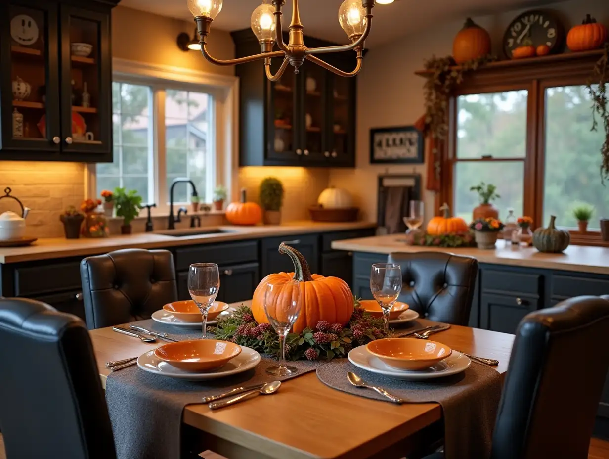 Interior of kitchen decorated for Halloween with dining table and pumpkins