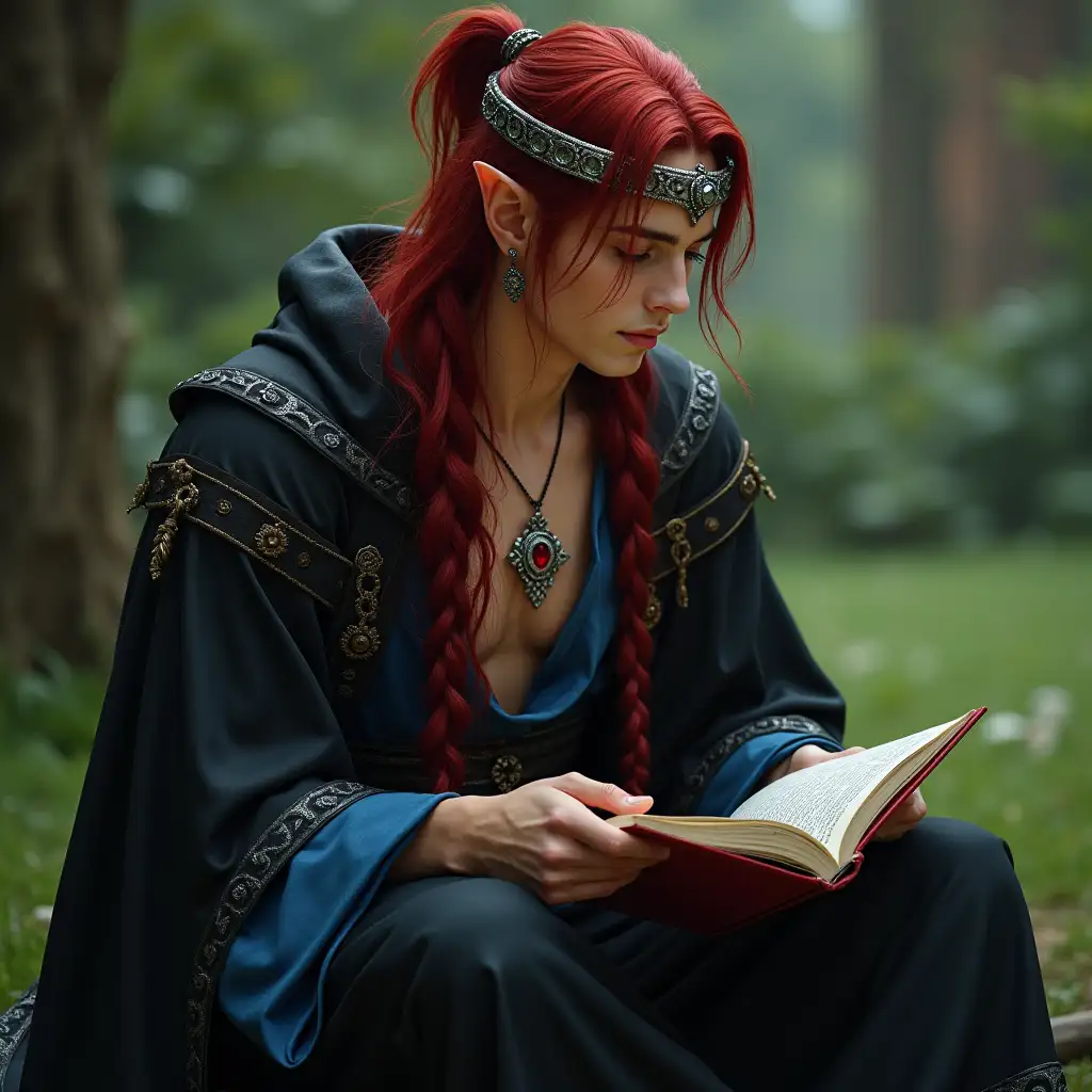 Handsome Fantasy Elf in Priest Robes Reading in Garden