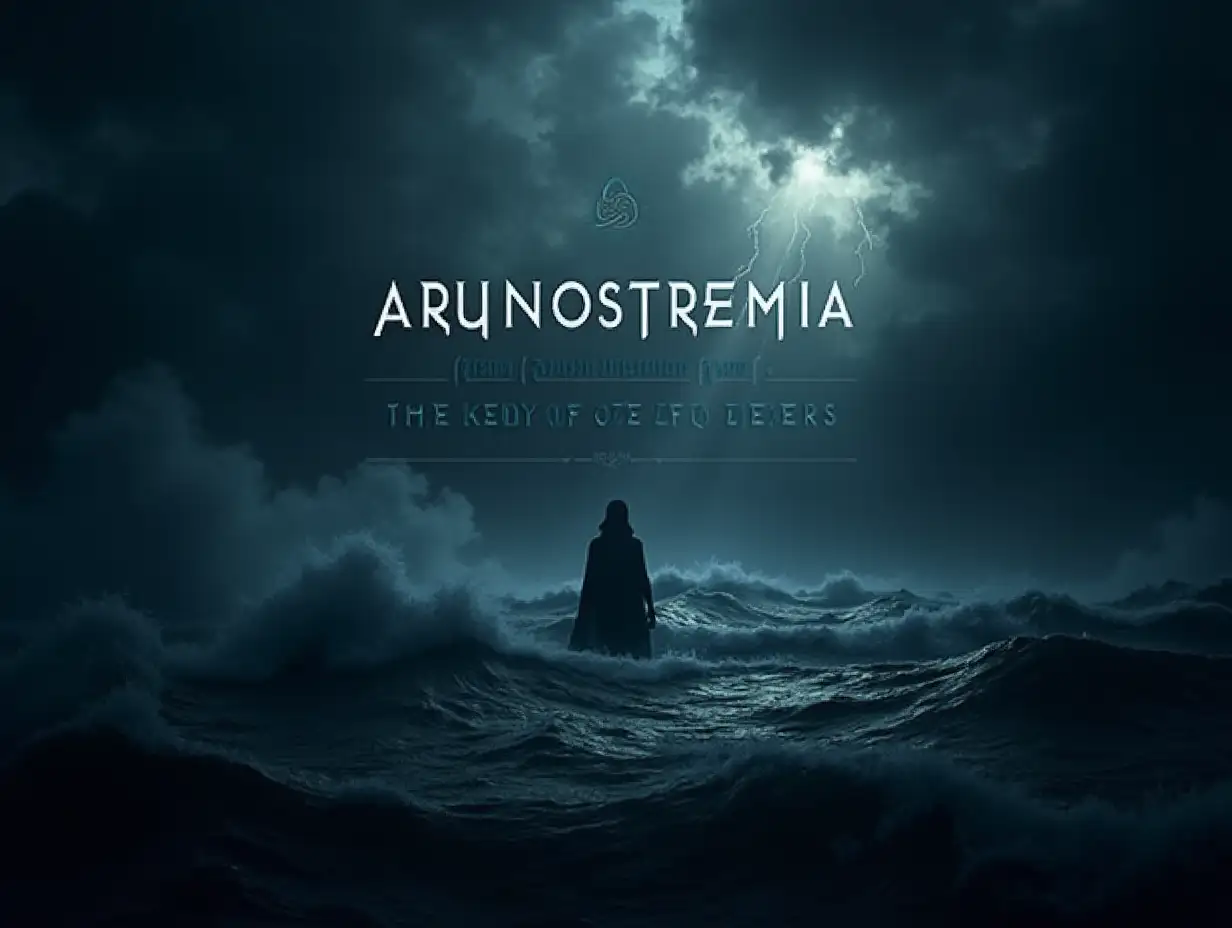 A dark, mystical, and atmospheric blog theme inspired by 'The Lord of the Ocean of Tears.' The design should feature a deep oceanic aesthetic with swirling mist, crashing waves, and stormy clouds illuminated by flashes of lightning. The header showcases a mysterious figure emerging from the sea, with his silhouette partially obscured by fog. The color palette consists of deep blues, silvers, and shadowy grays, creating a sense of mystery and power. Elegant, ancient-style typography complements the theme, with the title 'Arunostremia' subtly glowing like an inscription lost to time. The blog layout is immersive, with wave-like transitions between sections, glowing runes appearing on hover effects, and subtle animations mimicking water ripples. The overall mood is hauntingly beautiful, reflecting lost memories, destiny, and the secrets hidden within the ocean depths.