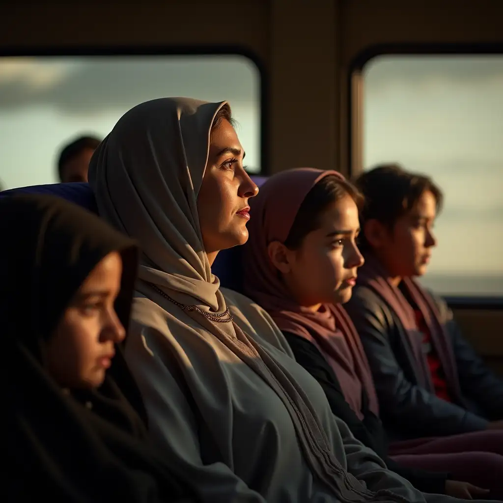 A very realistic and accurate image of a woman in her thirties on a train with her two daughters and son, all of them Arab in appearance, lost in thought on the way and remembering her life memories, a sad, dramatic mood. The lighting is morning and natural, highlighting the fine details of their clothes, facial expressions, and textures. The image is presented in 4K resolution with cinematic quality shading, realistic texture, and dynamic lighting.