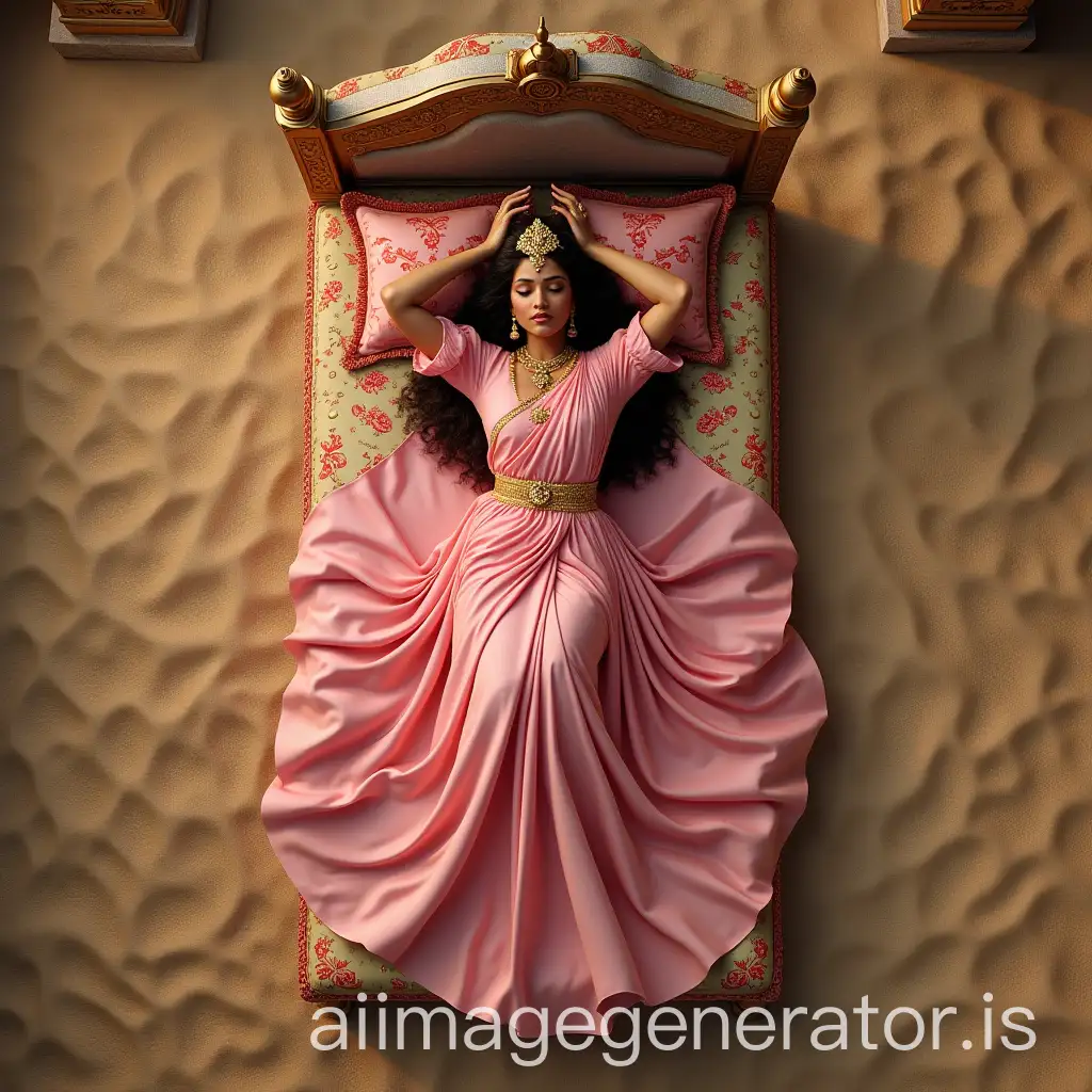 Royal-Tamil-Queen-Sleeping-on-Luxurious-Bed-in-Stone-Palace-with-Sand-Background