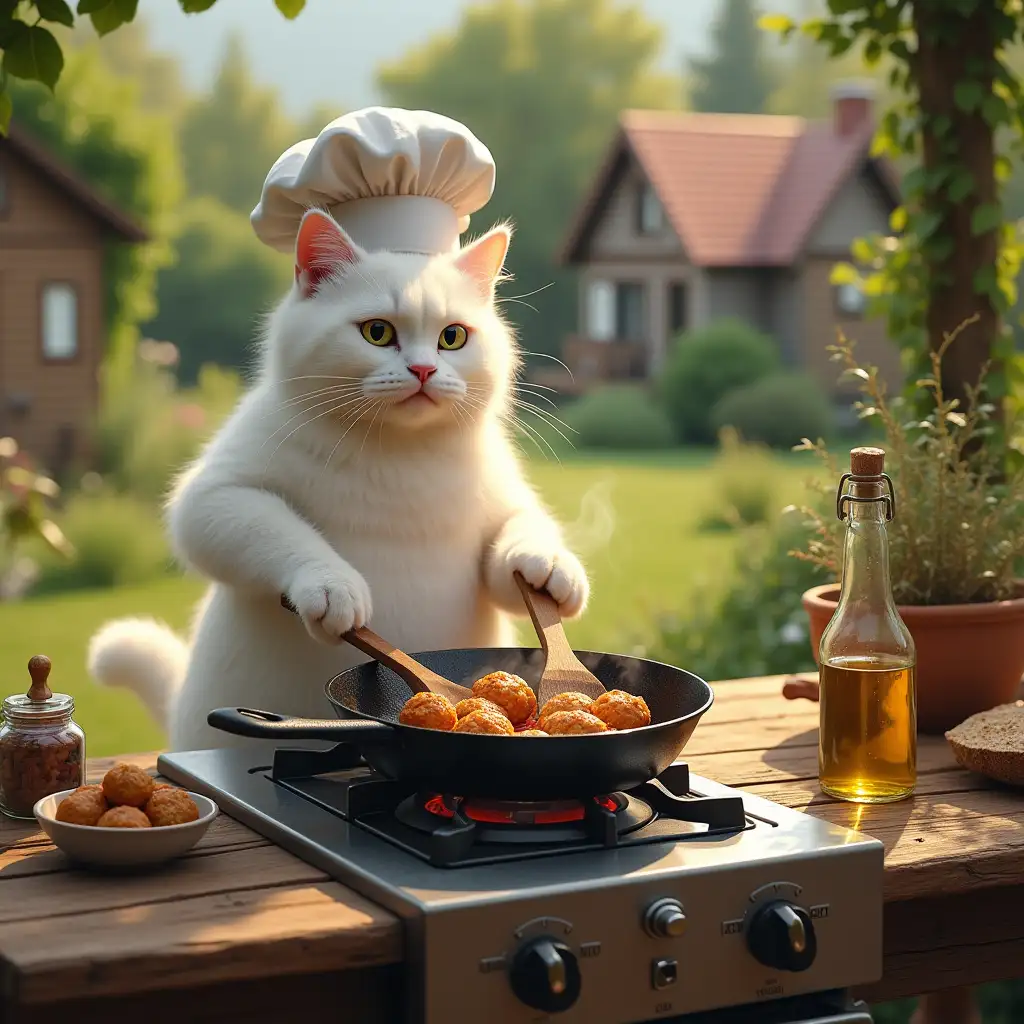 a very large funny creature anthropomorphic white cat, still wearing its chef’s hat, is standing upright at a gas stove beside the rustic wooden table. It is using a wooden spatula in its right paw to turn golden-brown meatballs sizzling in a black cast-iron skillet. Its left paw steadies the handle of the pan. The scene captures the realism of tiny oil splatters and rich steam wafting from the skillet. Surrounding the table are a small bowl of fried meatballs, a jar of seasoning, and a bottle of olive oil. The warm sunlight filtering through the outdoor kitchen makes the vibrant green garden and cozy cottages in the background even more enchanting.