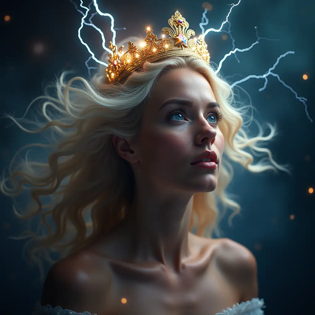 pretty goddess with crown, lightning from the hair, in space