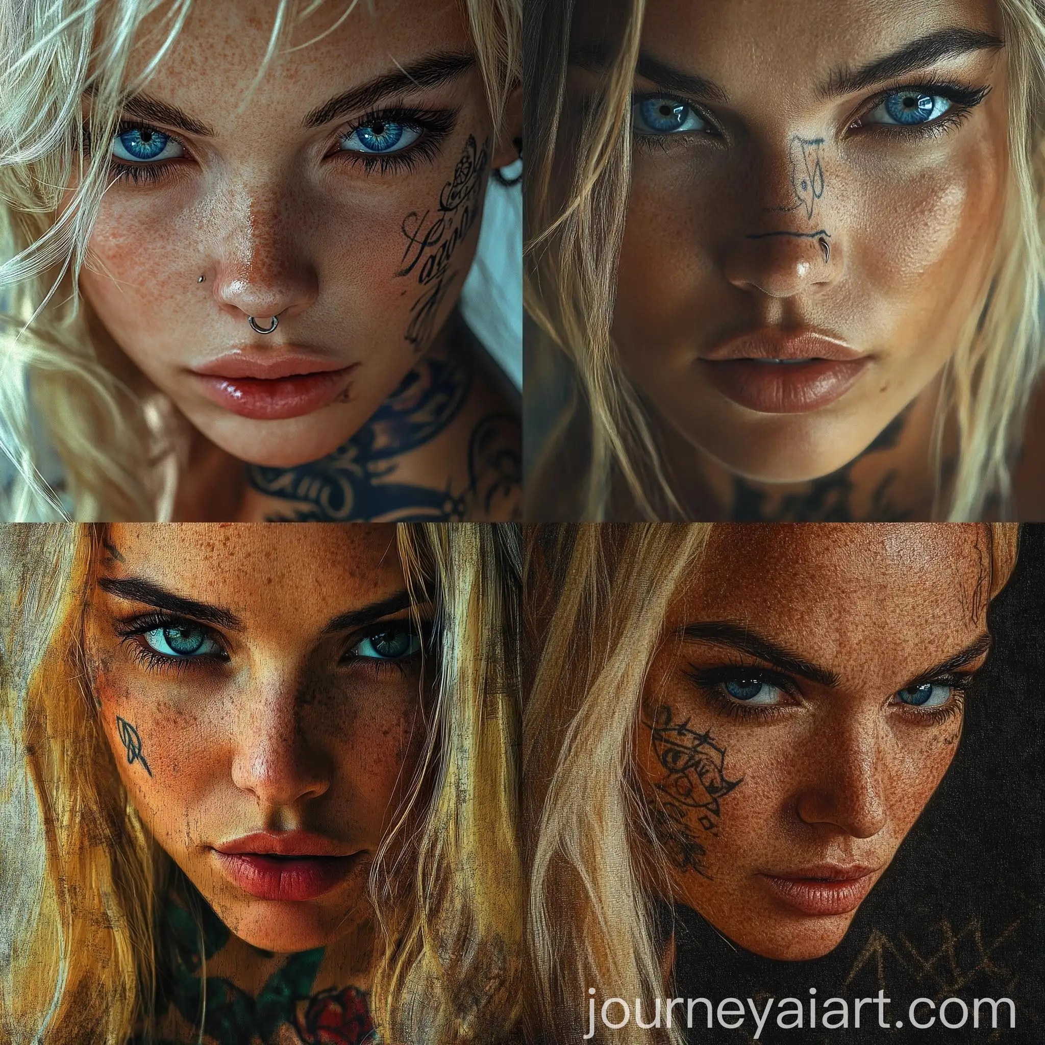 Portrait-of-Tough-Blonde-Woman-with-Blue-Eyes-and-Face-Tattoos-in-Impasto-Digital-Art