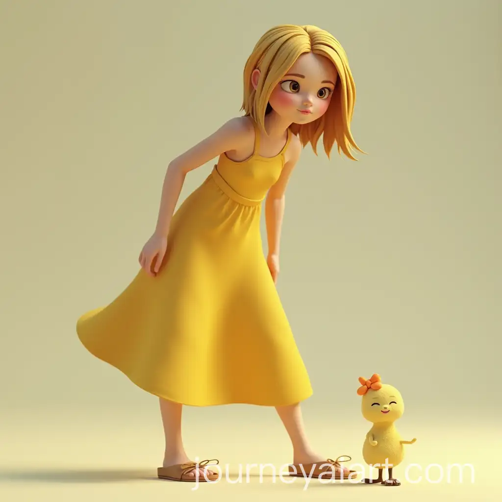 Slim-Tall-Girl-in-Yellow-Pinafore-Bending-to-Pick-Up-Something-from-the-Ground