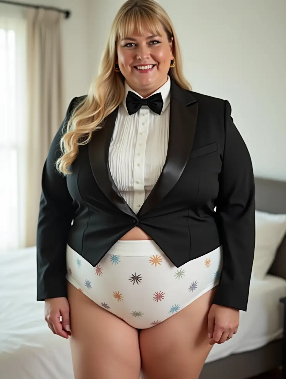 Caucasian-Woman-in-Formal-Orchestra-Tuxedo-Adjusting-Bow-Tie-in-White-Bedroom