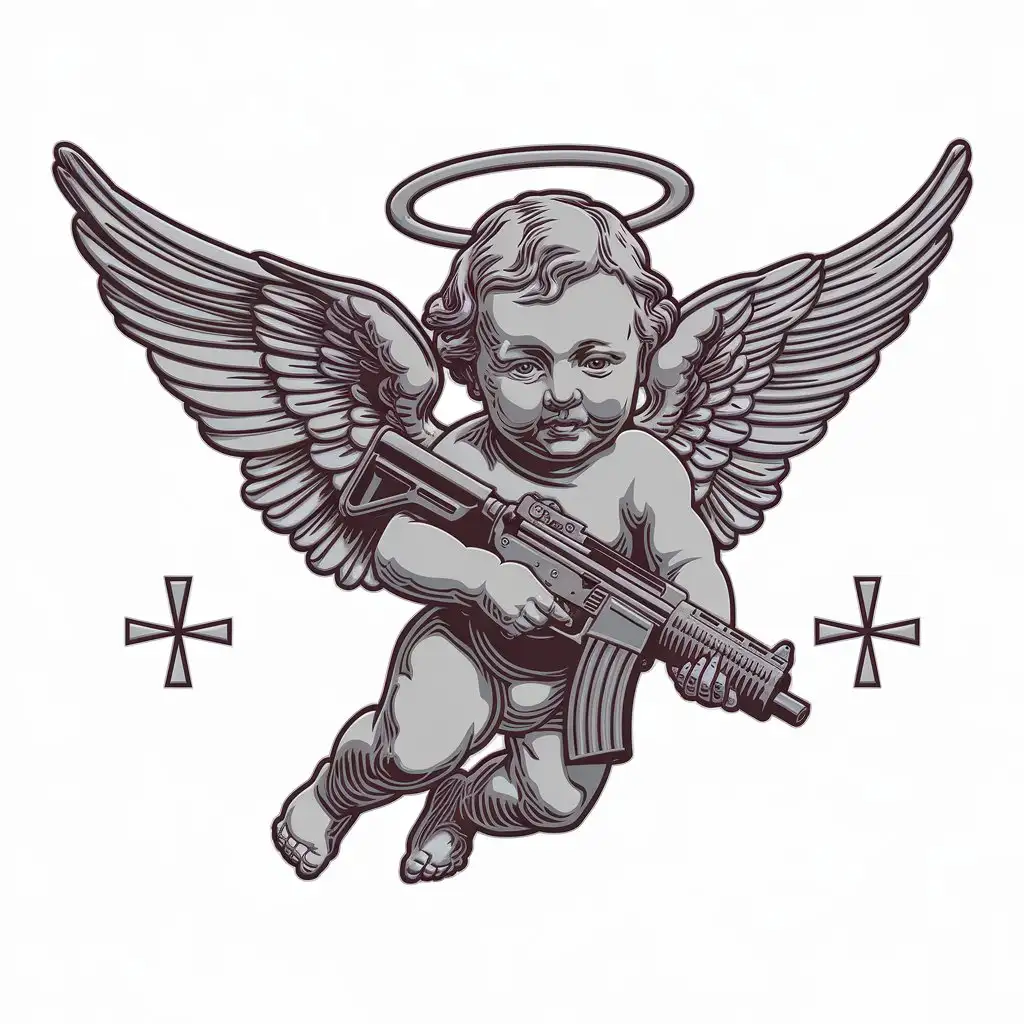 LOGO Design for Religious Industry Detailed Vector of Baby Angel Flying Holding Glock on White Background