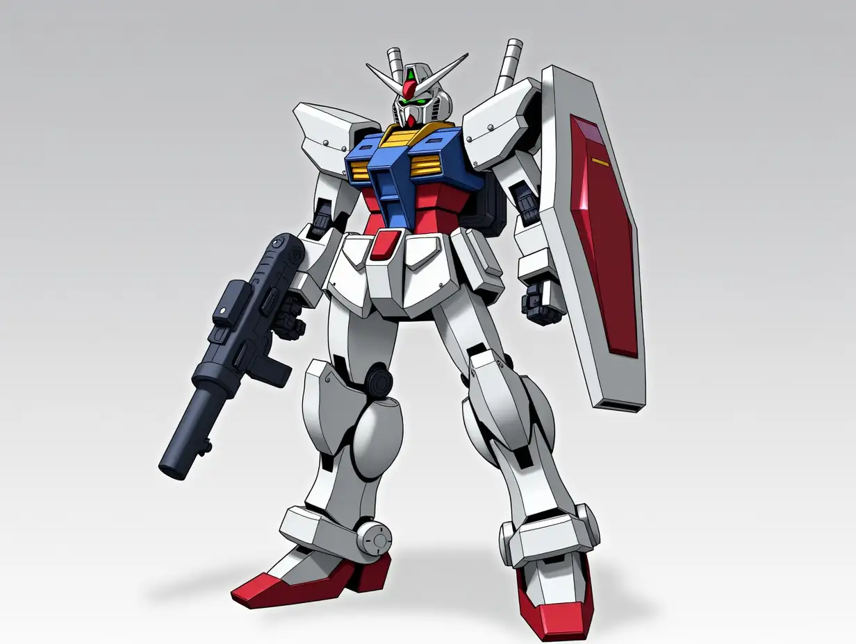 A White, red, blue color schemed bipedal robot, with gun on right hand, a shield on left hand, sturdy legs equipped with booster, have rocket propelled backpack.