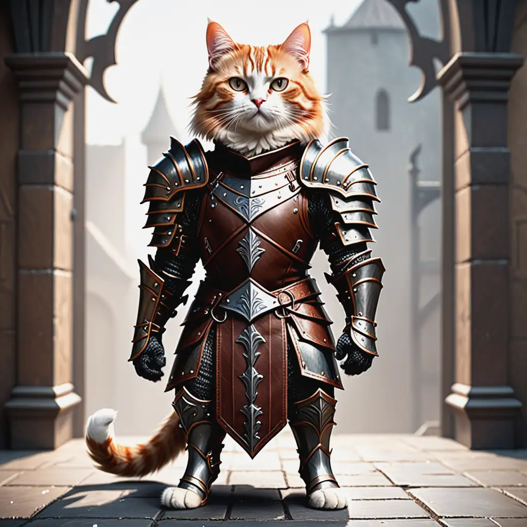 Fierce Paladin Cat in Leather Armor Standing Tall