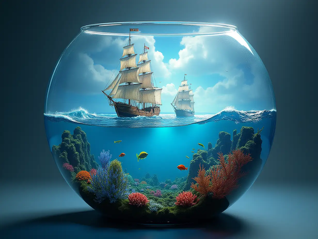 Create an oval glass container with waterfall and  a sea of sailing ships,with large waves, colorful fish,colorful corals,squid under water,and a 4K resolution