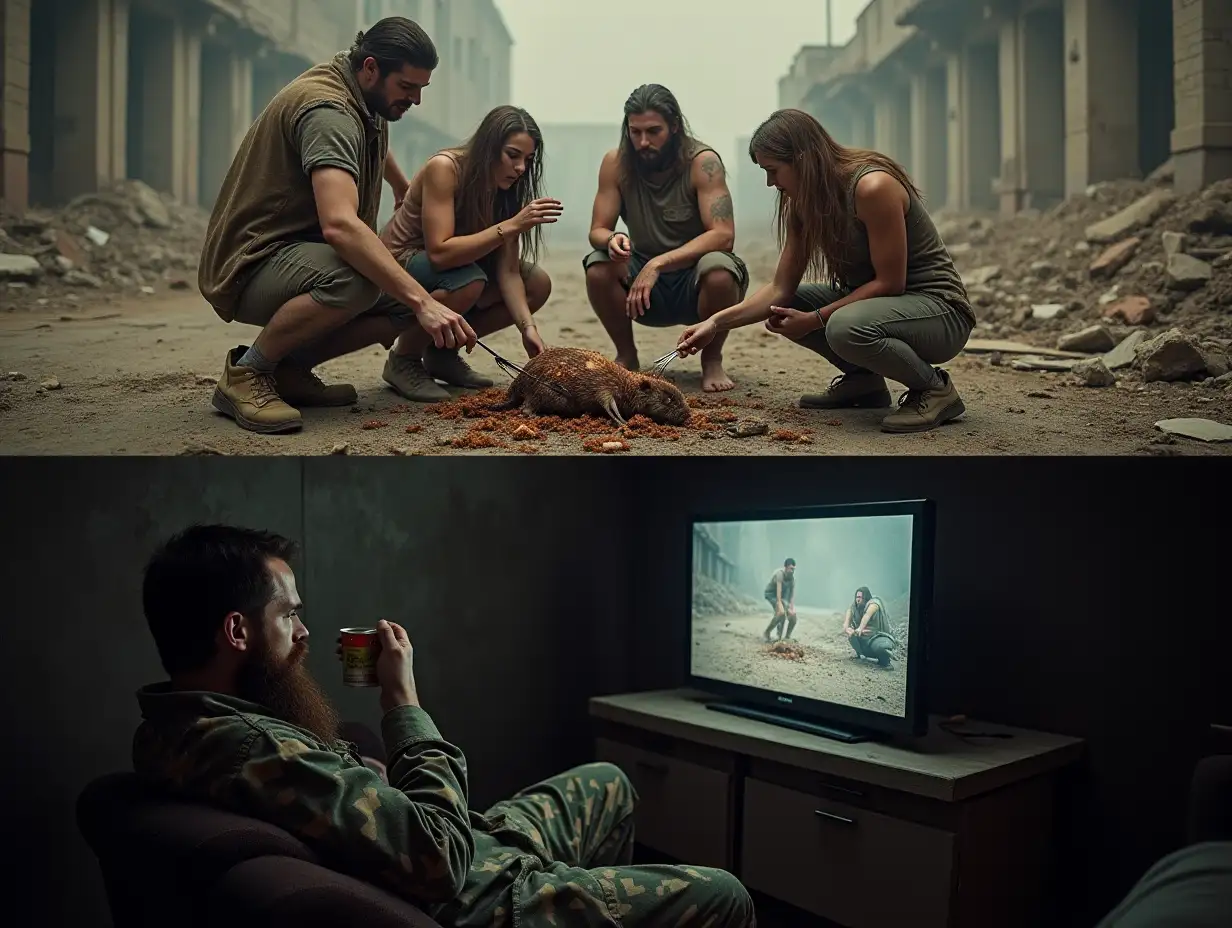 picture divided into two horizontal parts. At the top, on the ground amid ruins, a group of two men and three women in rags are fighting over a roasted rat. At the bottom, from the bunker, a bearded man in camouflage is sitting on a couch, watching this scene with interest on a monitor screen, eating stew from a can.