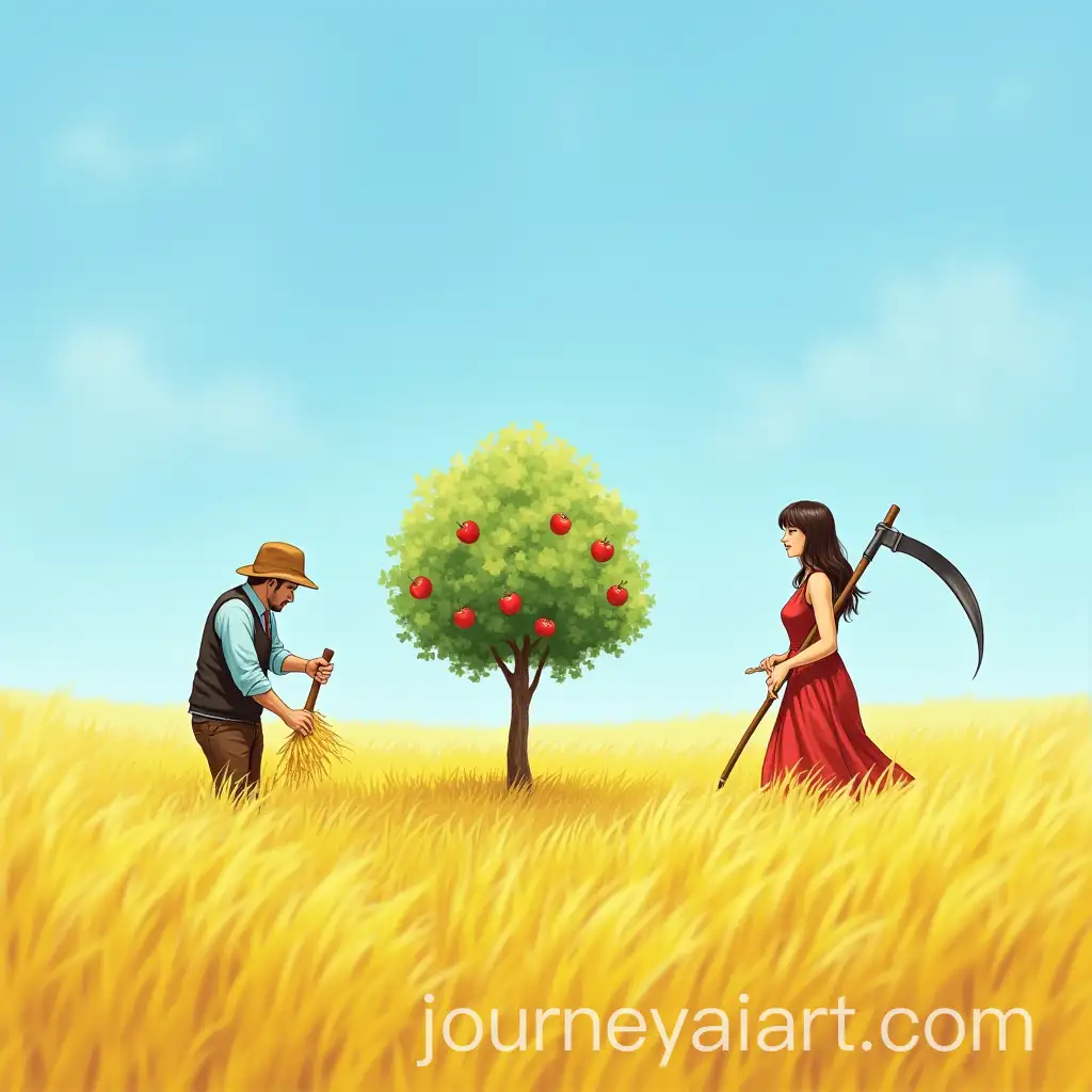Man-Harvesting-Wheatlike-Grass-with-a-Woman-Observing-Under-a-Blue-Sky-and-Apple-Tree