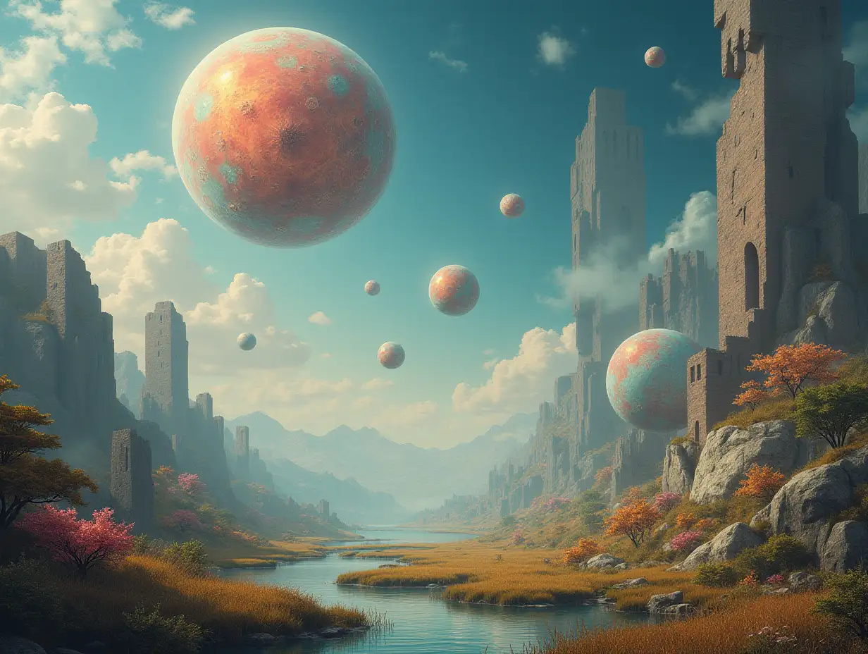 A surreal and fantastic world with floating objects and beings above a dreamlike landscape. A surreal and fantastic world with floating objects and creatures above a dreamlike landscape